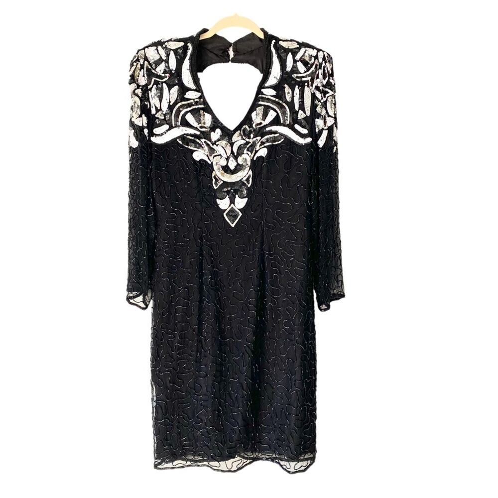 Swee Lo Vintage Sequin Beaded Cut Out Black Silver White Dress size XL